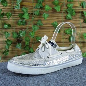 SPERRY Women Sequin Boat Shoe Silver Textile Sz 7.5 Medium  Used 2025
